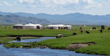 Mongolei Reise, Nomadenfamilie mit Vieh und Jurten